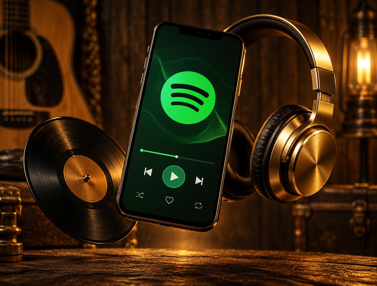 Celular com playlist, fones dourados e disco de vinil